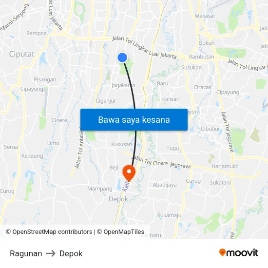 Ragunan to Depok map