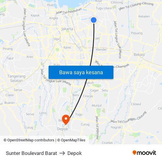 Sunter Boulevard Barat to Depok map