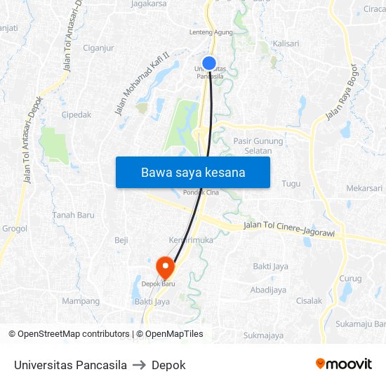 Universitas Pancasila to Depok map