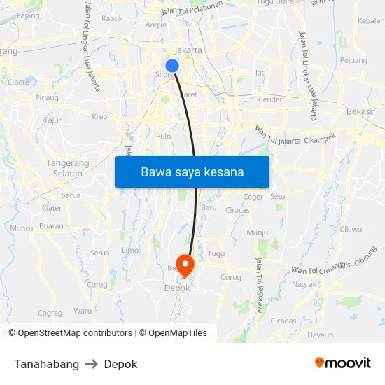 Tanahabang to Depok map