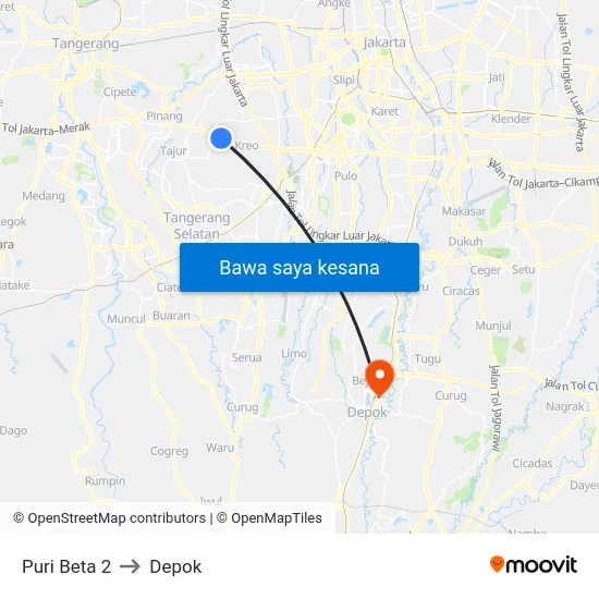 Puri Beta 2 to Depok map