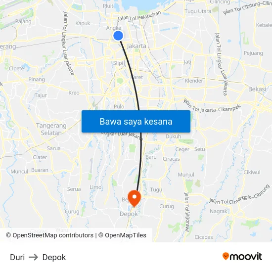 Duri to Depok map