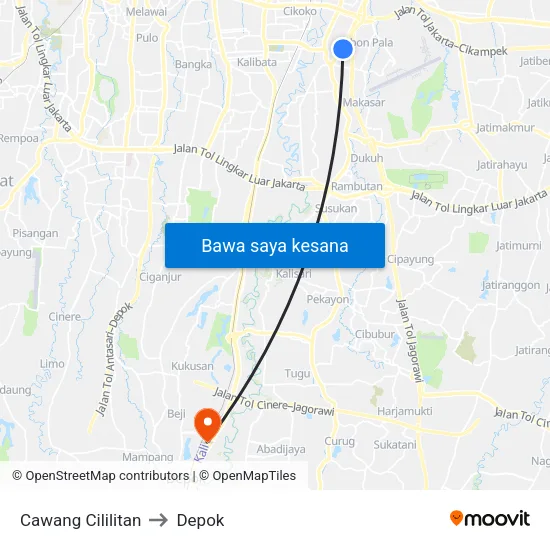 Cawang Cililitan to Depok map