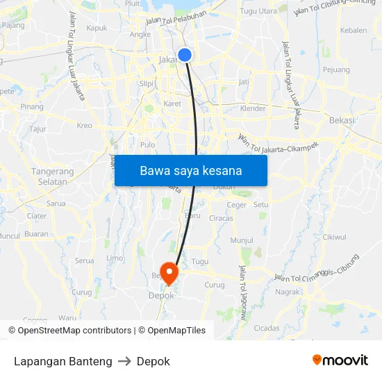 Lapangan Banteng to Depok map