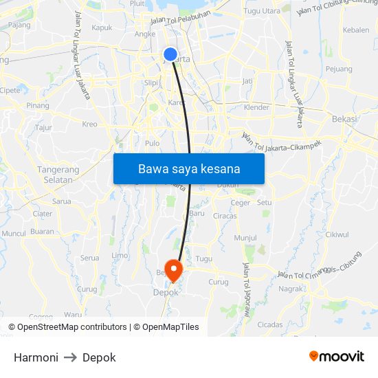 Harmoni to Depok map