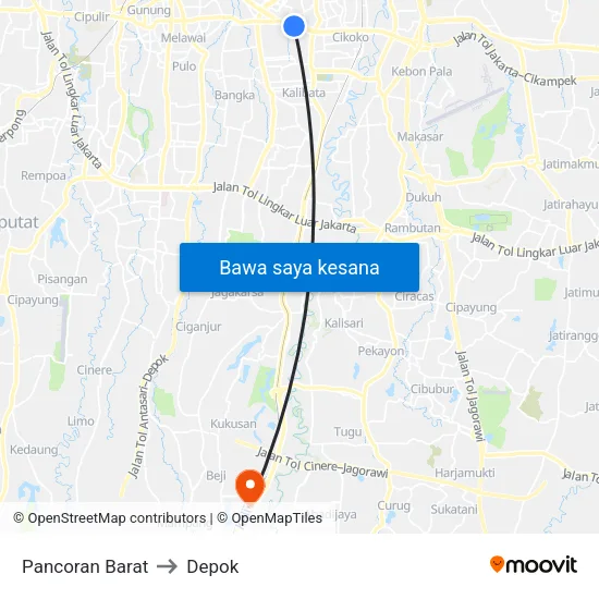 Pancoran Barat to Depok map