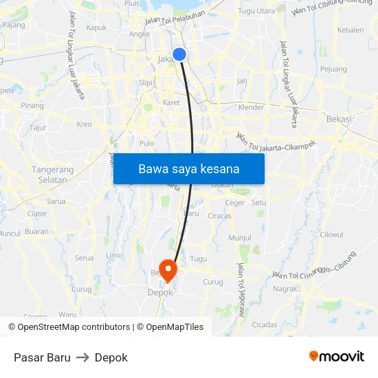 Pasar Baru to Depok map
