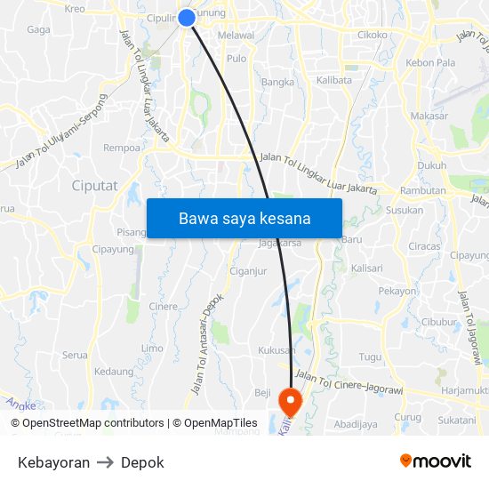 Kebayoran to Depok map