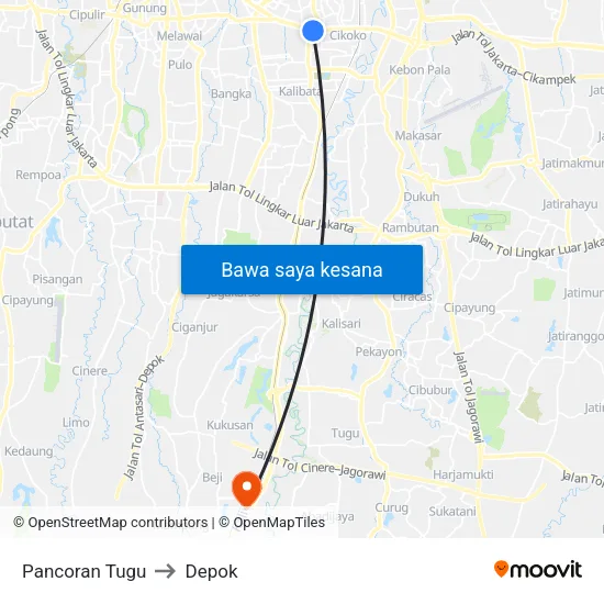 Pancoran Tugu to Depok map