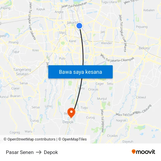 Pasar Senen to Depok map