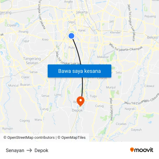 Senayan to Depok map