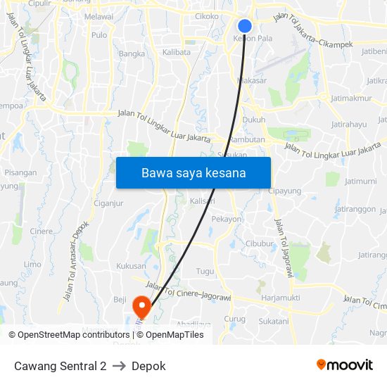 Cawang Sentral 2 to Depok map