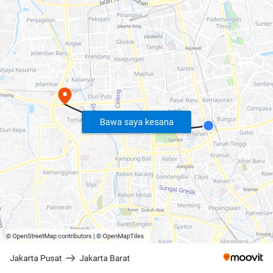 Jakarta Pusat to Jakarta Barat map