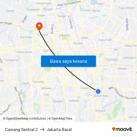 Cawang Sentral 2 to Jakarta Barat map