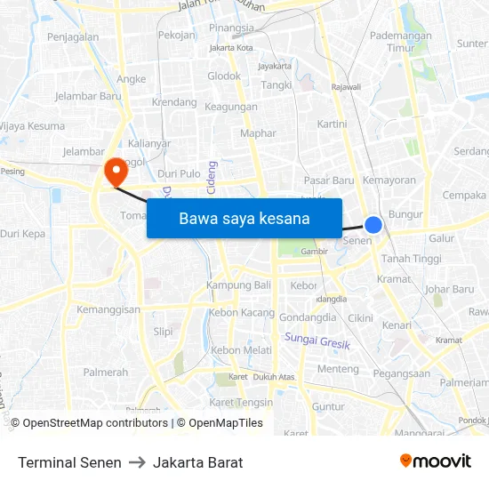 Terminal Senen to Jakarta Barat map