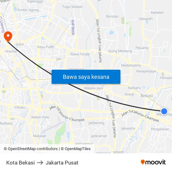 Kota Bekasi to Jakarta Pusat map