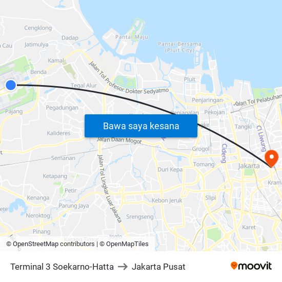 Terminal 3 Soekarno-Hatta to Jakarta Pusat map