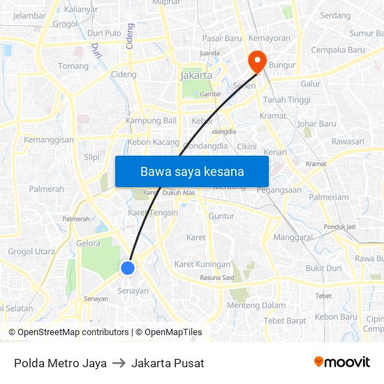 Polda Metro Jaya to Jakarta Pusat map
