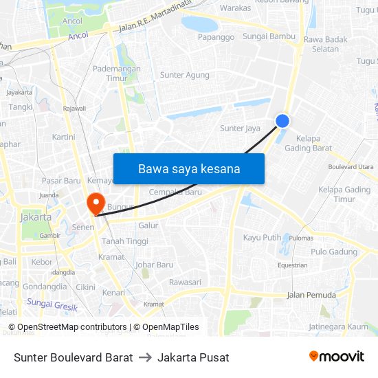 Sunter Boulevard Barat to Jakarta Pusat map