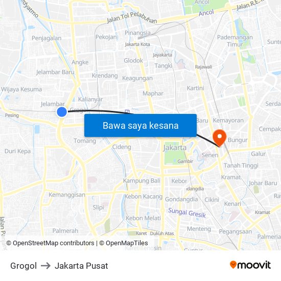 Grogol to Jakarta Pusat map