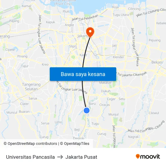 Universitas Pancasila to Jakarta Pusat map
