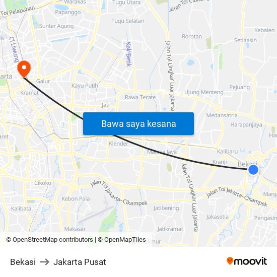 Bekasi to Jakarta Pusat map