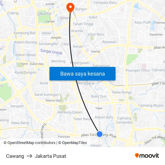 Cawang to Jakarta Pusat map