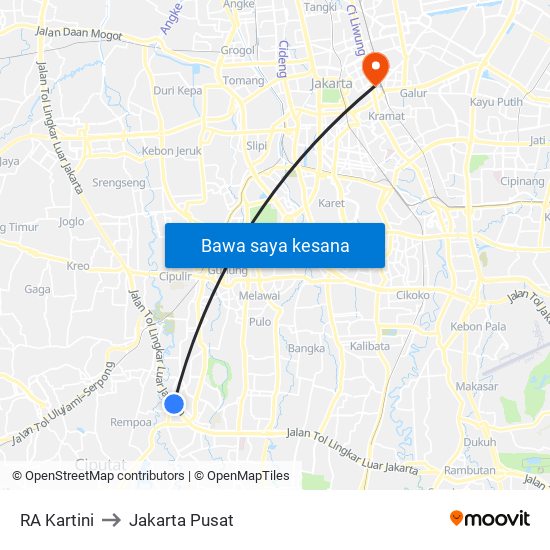 RA Kartini to Jakarta Pusat map