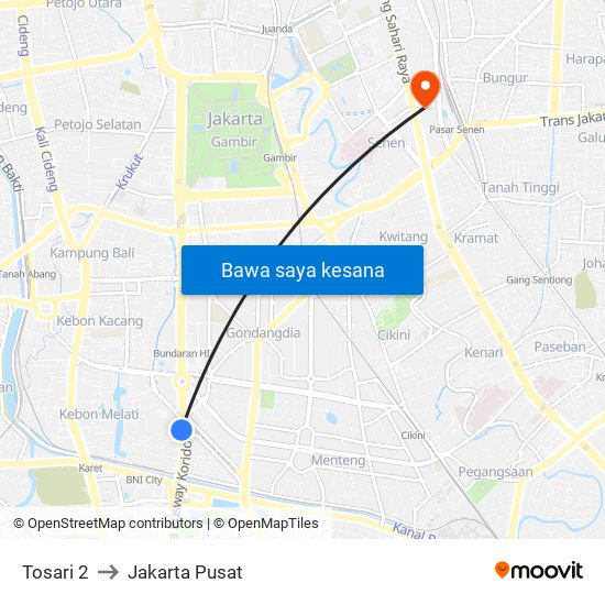 Tosari 2 to Jakarta Pusat map