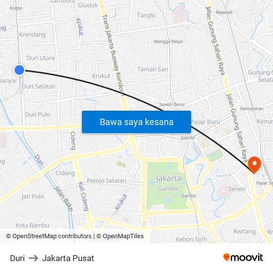 Duri to Jakarta Pusat map