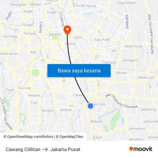 Cawang Cililitan to Jakarta Pusat map