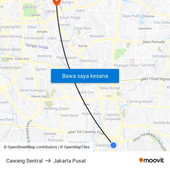Cawang Sentral to Jakarta Pusat map