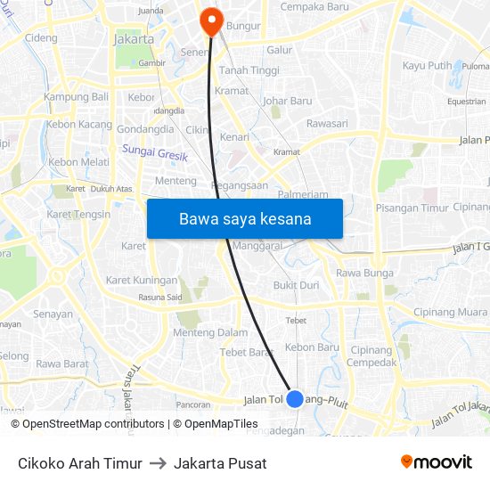 Cikoko Arah Timur to Jakarta Pusat map