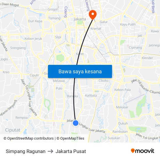 Simpang Ragunan to Jakarta Pusat map