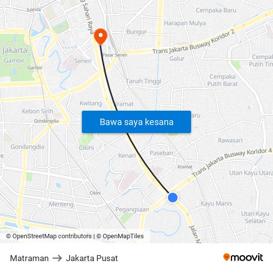 Matraman to Jakarta Pusat map