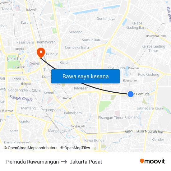 Pemuda Rawamangun to Jakarta Pusat map
