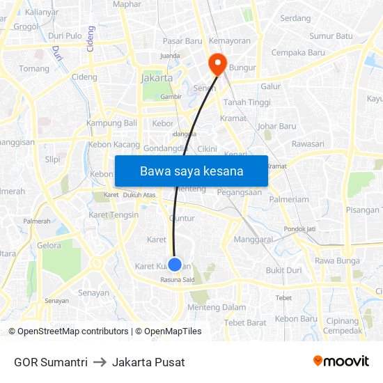 GOR Sumantri to Jakarta Pusat map
