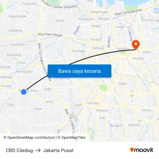 CBD Ciledug to Jakarta Pusat map