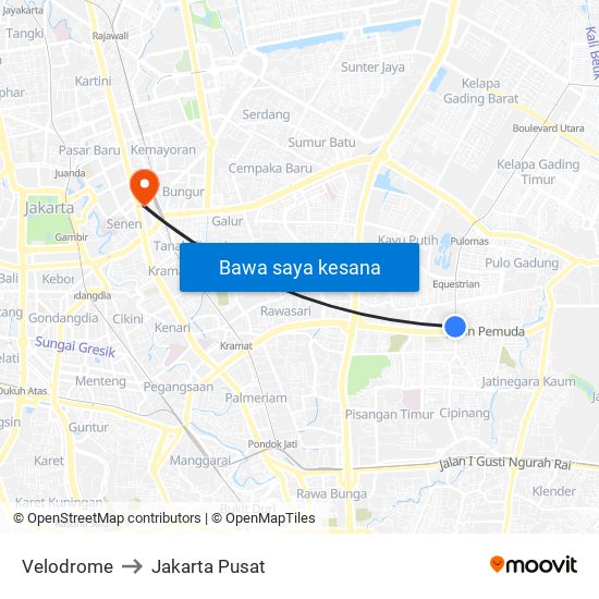 Velodrome to Jakarta Pusat map