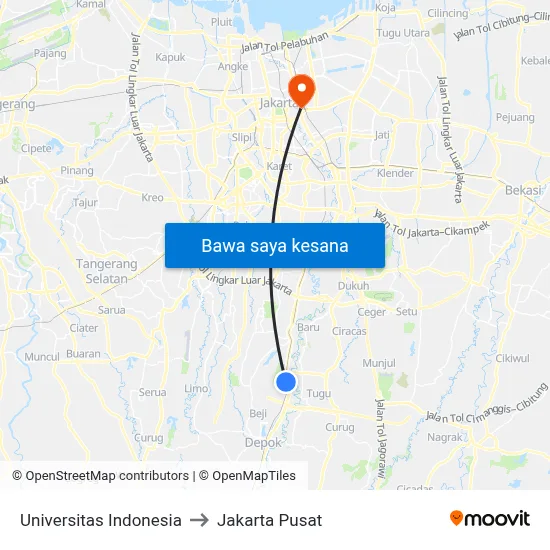 Universitas Indonesia to Jakarta Pusat map
