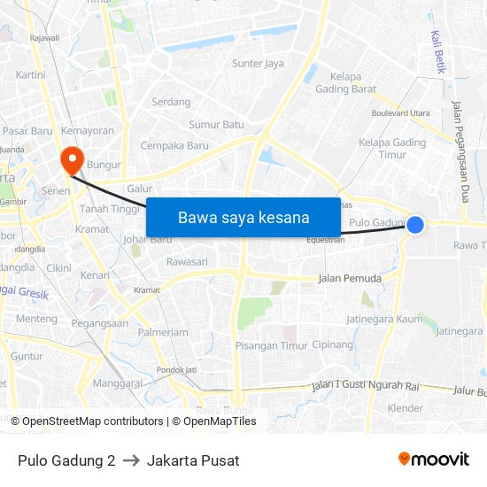 Pulo Gadung 2 to Jakarta Pusat map