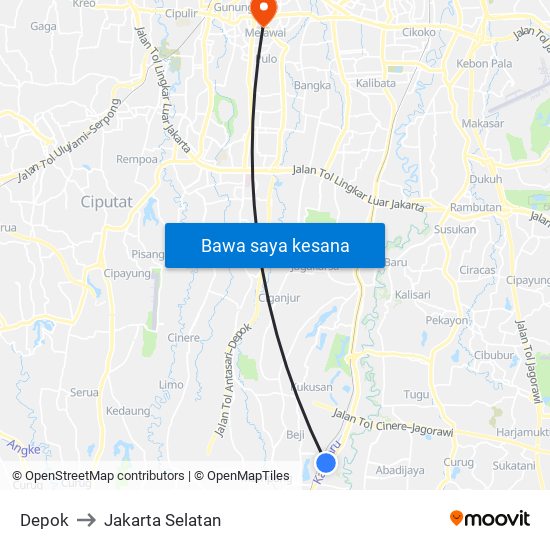 Depok to Jakarta Selatan map
