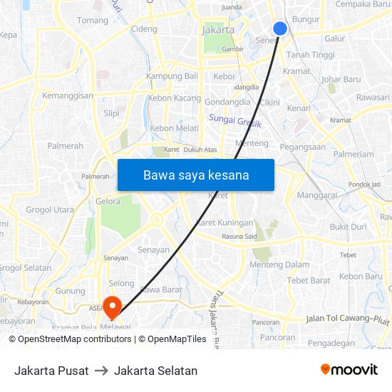 Jakarta Pusat to Jakarta Selatan map
