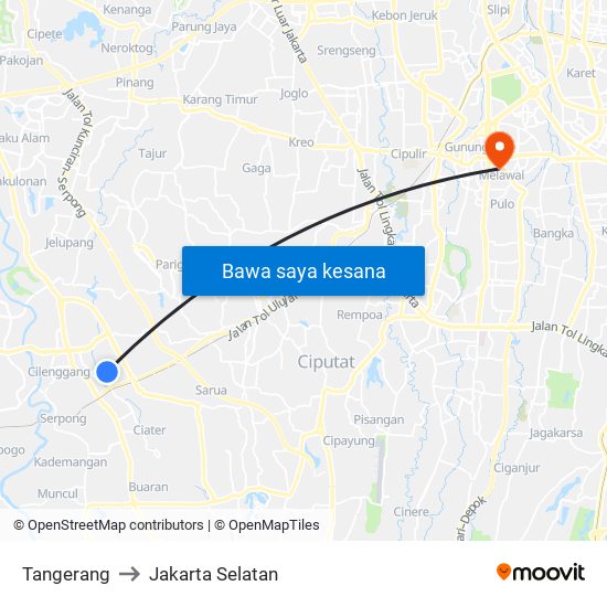 Tangerang to Jakarta Selatan map
