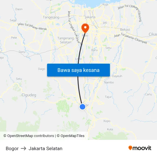 Bogor to Jakarta Selatan map