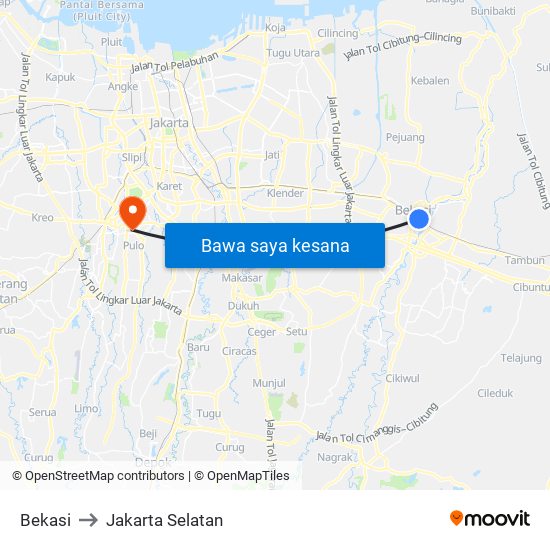 Bekasi to Jakarta Selatan map