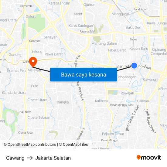 Cawang to Jakarta Selatan map