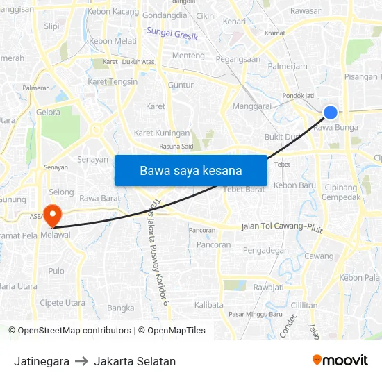 Jatinegara to Jakarta Selatan map