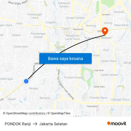 PONDOK Ranji to Jakarta Selatan map