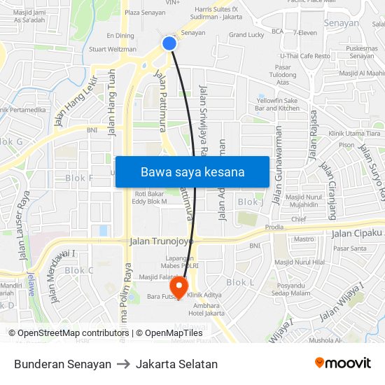 Bunderan Senayan to Jakarta Selatan map